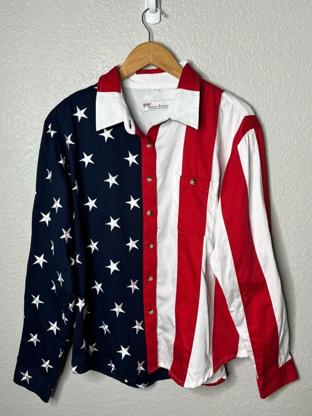 American Summer USA Flag Button Shirt XXL Patriotic Stars Stripes Red White Blue - Picture 8 of 8